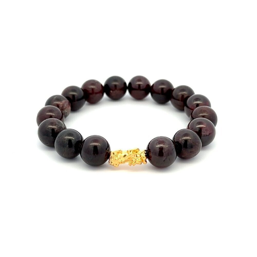 18K Gold Piyao Pixiu Dragon Bracelet Gemstones Garnet 10mm January Birthstones